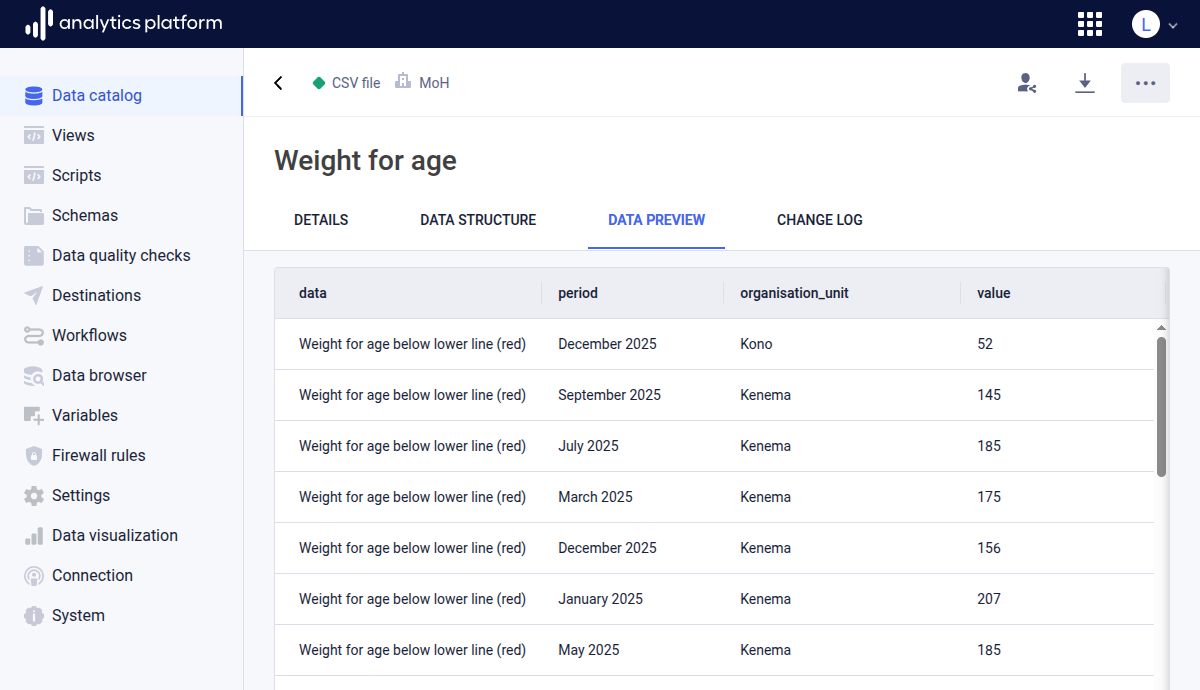 CSV file upload data preview